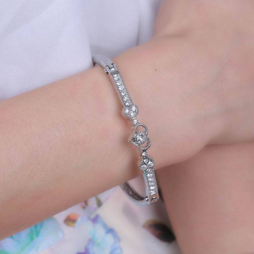 Silver Plated Crystal Rhinestone Heart Bangle - Picture 3 of 3
